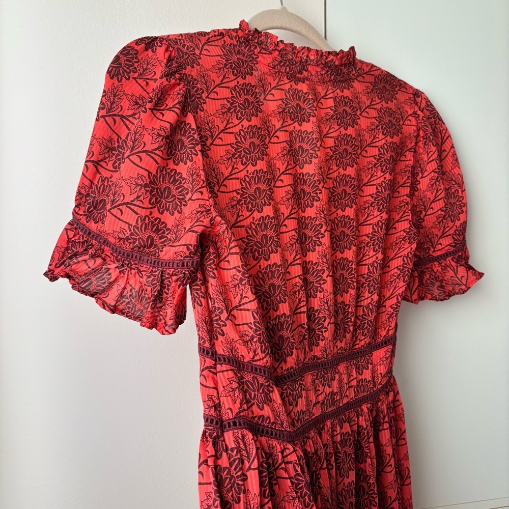 Scotch & Soda Red Floral Print Dress Tiered Ruffle Flutter Sleeve Size S - Picture 7 of 9
